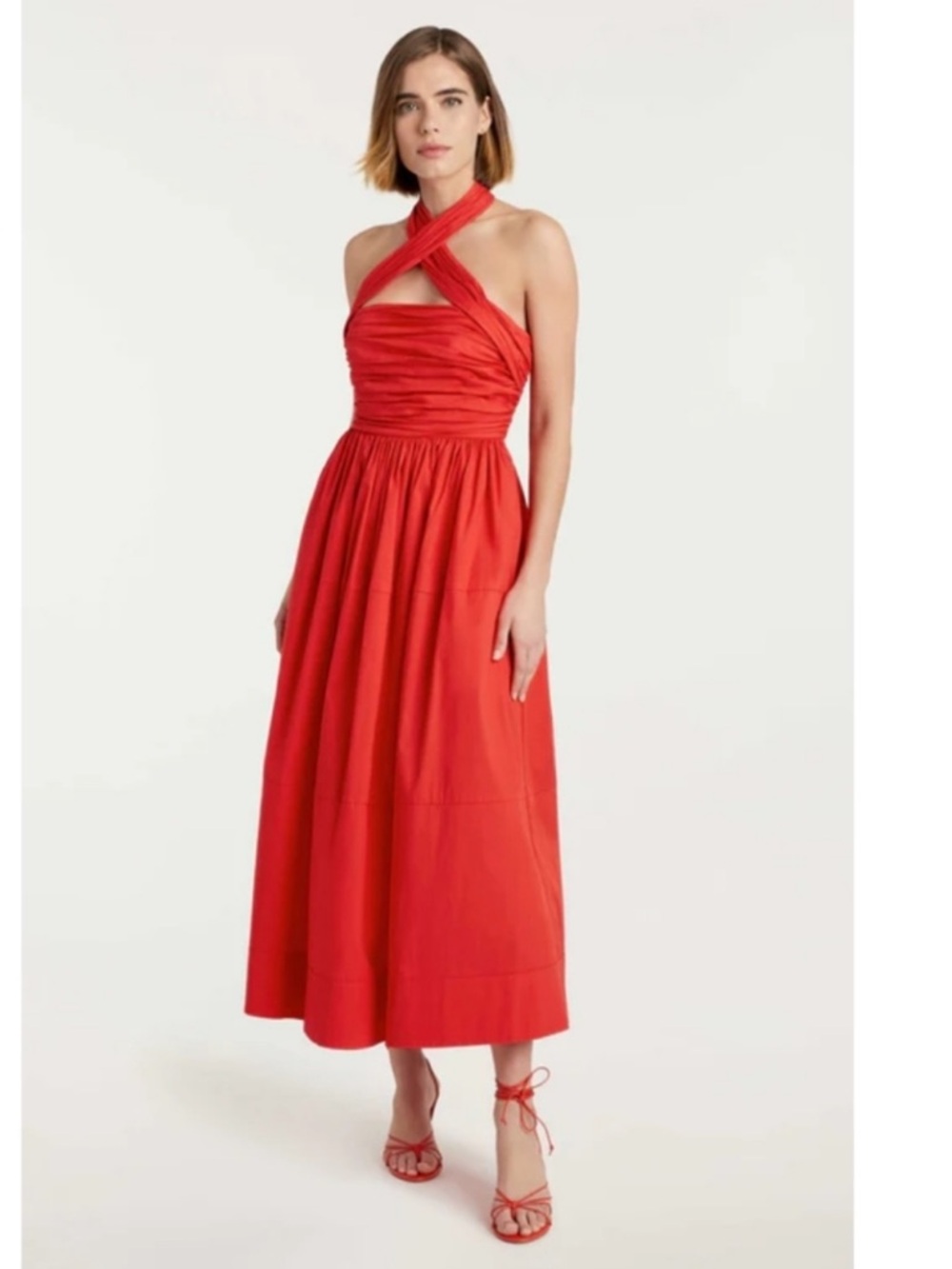 Cinq a Sept Taylen Halter Neck Top Bright Crimson Midi Pleated Dress Sz 2 NWT